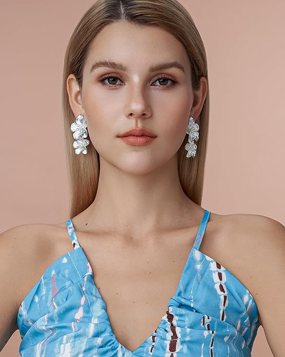 18K Gold Plated Large Chunky Flower Statement Earrings for Women by SNGIA, Summer Beach Floral Handmade Drop Jewelry, Maximalist Wedding Date Birthday Gift, Bold Exaggerated Textured Dangle Trendy Ribbed Jewelry, 18K Gold Plated Chandelier Fashion Acce...