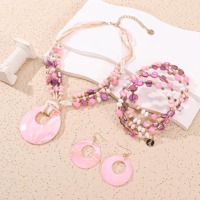 Jewelry Sets for Women 4 Pcs Chunky Beaded Mrs Roper Costume Jewelry for Women Boho Multi Strand Colorful Shell Necklace for Women