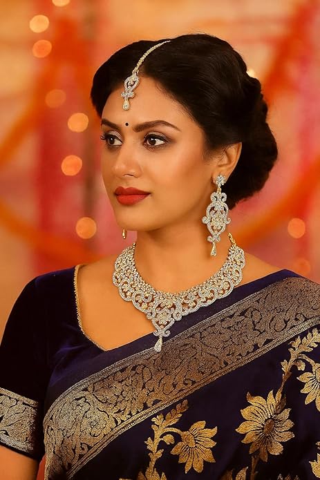 Touchstone Indian jewelry set for women bollywood gold jewellery wedding outfits necklace sets earrings bridal maang tikka fancy costume girls big desi accessories rhinestone in gold or silver tone