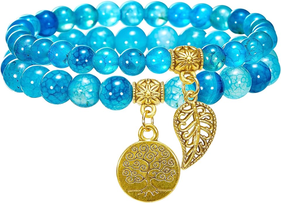 Bivei Natural Semi Precious Gemstone beads bracelet for women - Life Tree and Leaf Charm Energy Reiki Crystal Stretch Bracelets