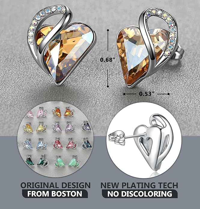 Leafael Infinity love Heart Birthstone Stud Earrings for Women, Valentine's Day Gifts for Mom, Wife, and Her, Silver Plated Birthday Jewelry