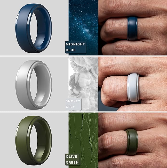 ThunderFit Silicone Rings for Men - 7 Rings / 4 Rings / 1 Ring Step Edge Rubber Wedding Bands 10mm Wide - 2.5mm Thick