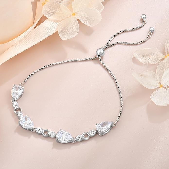 Teardrop Birthstone Bracelet for Women, S925 Sterling Silver Pear Cut Cubic Zirconia Bracelet Dainty Adjustable Chain Jewelry Gift for Her
