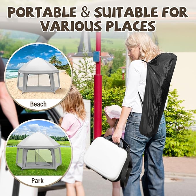 Portable Baby Playpen with Inflatable Mattress & Sunshade,Outdoor Baby Playpen for Babies and Toddlers,Foldable Pop Up Play Tent for Home, Park, Beach and Camping,Beach playpen-Light Gray