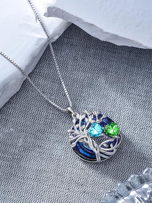 TOUPOP s925 Sterling Silver Family Celtic Tree of Life Pendant Necklaces with 2 Heart Birthstone with Blue Austrian Crystal Jewelry Birthday Valentines Day Gifts for Her, Anniversary Christmas Gifts for Wife Girlfriend Mom (18K Real White Gold Filled)