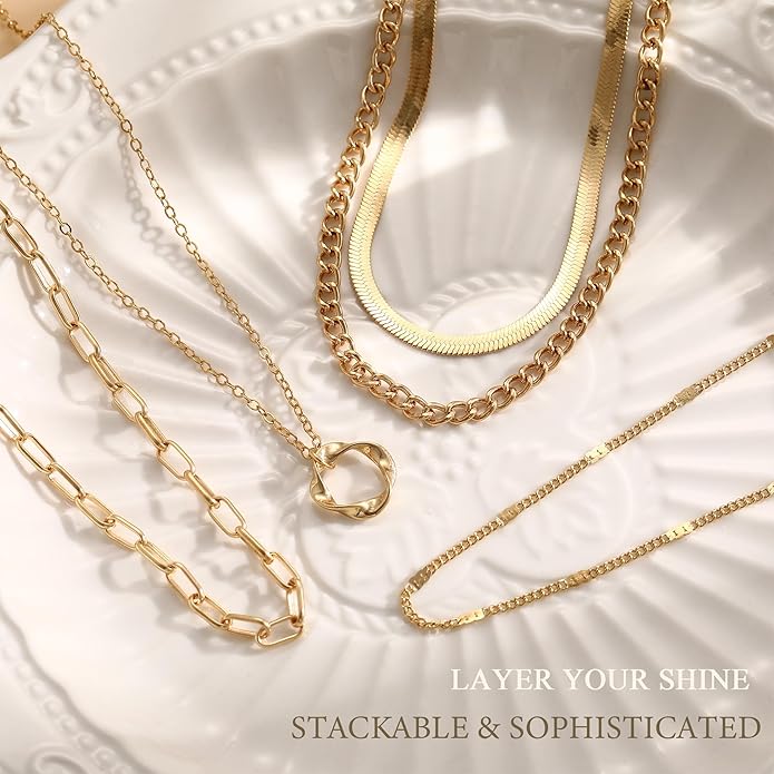 Valentines Gifts -56 Pcs Gold Jewelry Set for Women with 5Pcs Layered Necklace, 5Pcs Layered Necklace, 12 Bracelets, 4 Hoop Earrings, 8 Stackable Rings, 10 hairpins, 12 Studs Earrings Jewerly set for Women