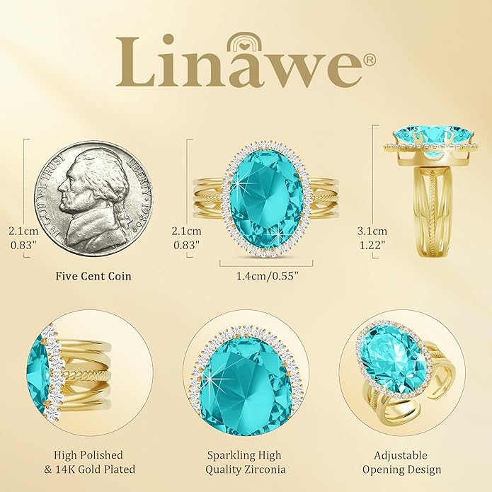 Linawe Birthstone Chunky Adjustable Rings for Women, Gold/Silver/Rose Gold Statement Rings, Imitation Diamond Fake Gemstone Crystal Cocktail Ring, Cubic Zirconia Costume Jewelry