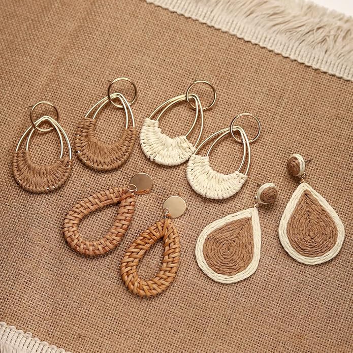 4 Pairs Handmade Raffia Rattan Bohemian Round Drop Dangle Earrings for Women, Boho Statement Cute Fun Hoop Earrings Set