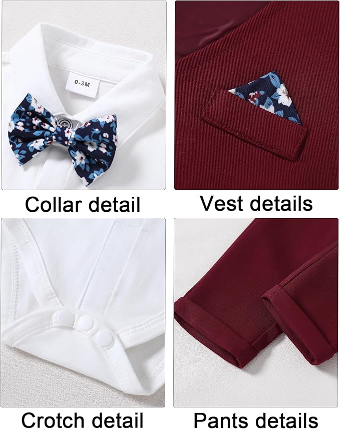 DISAUR Baby Boy Clothes Toddler Boy Outfits 4PCS Gentleman Dress Romper/Vest/Pants/Bow Tie Cotton Suit Sets