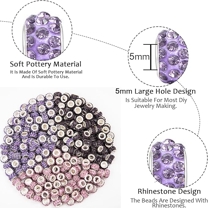 200 Pieces European Large Hole Spacer Beads, Purple European Craft Beads Rhinestone Lampwork Beads Fairy Garden Beads for DIY Charms Bracelet Necklace Earring Jewelry Making Supplies