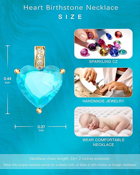 Genuine Birthstone Necklace for Women, Heart Love Necklace, Birthday Gifts for Her