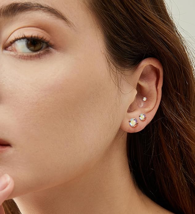 4Pairs AB Cubic Zirconia Earrings Studs Flat Back Earrings for Women 14K Gold CZ Flatback Stud Earrings Hypoallergenic Cartilage Nap Earrings