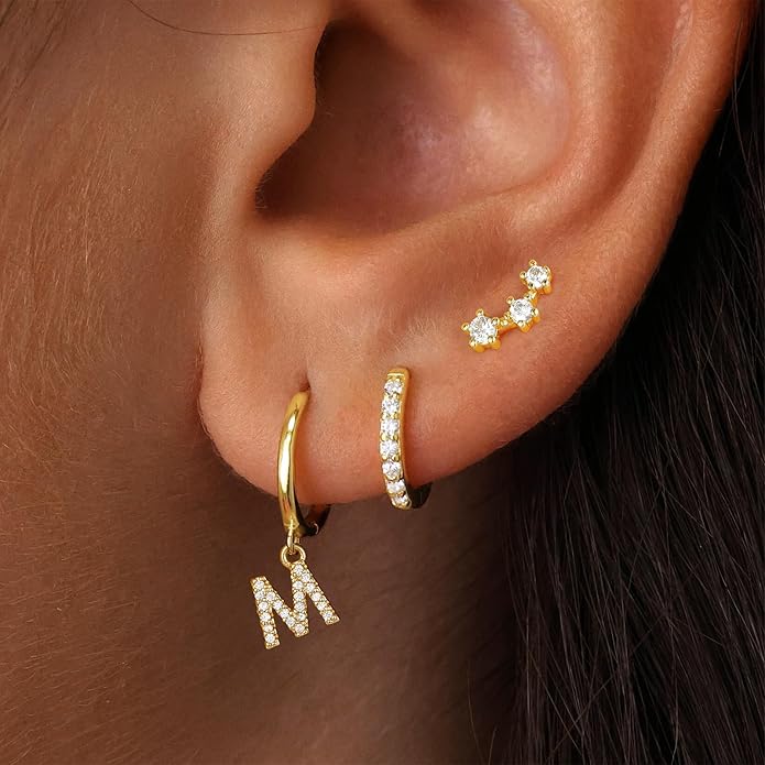 Valentines Day Gifts for Kids Girls - 3 Pairs Gold Earrings for Women Huggie Hoop Earrings for Girls with Initial Dangle Cartilage Earring Studs Hypoallergenic Earring Set for Multiple Piercing