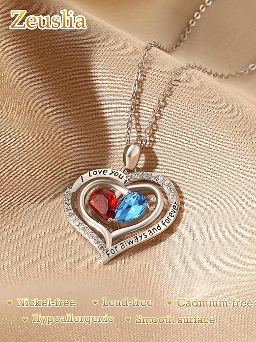 Valentine's Day Gifts for Wife 925 Sterling Silver Double Birthstone Pendant Necklaces I Love You for Always and Forever Necklace Anniversary Birthday Gifts for Wife Girlfriend Mom Her