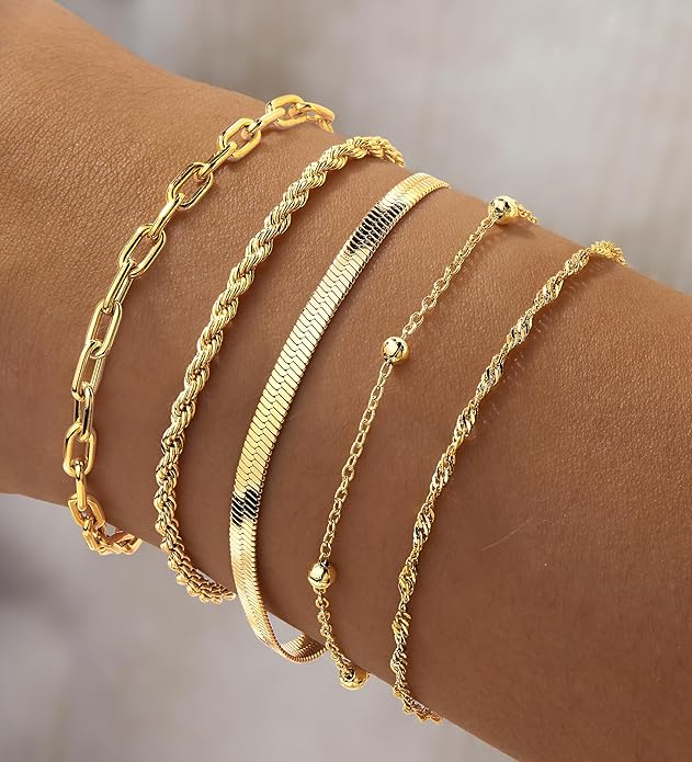 Gold Bracelets Set for Women Non Tarnish Trendy,14K Gold Plated Dainty Stackable Paperclip Cuban Link Chain Bracelets, Simple Cute Cuff Bracelets Jewelry Set Adjustable 7"+2"