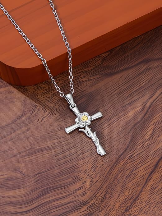 Flower Necklace Sunflower/Violet/Daffodil Necklace Sterling Silver Flower Cross Pendant Jewelry Gifts for Women