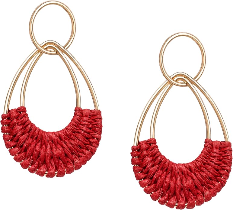 Raffia Hoop Earrings for Women Fun Boho Summer Beach Earrings Lightweight Handmade Straw Wicker Rattan Dangle Earrings Statement Geometric Round Drop Earrings