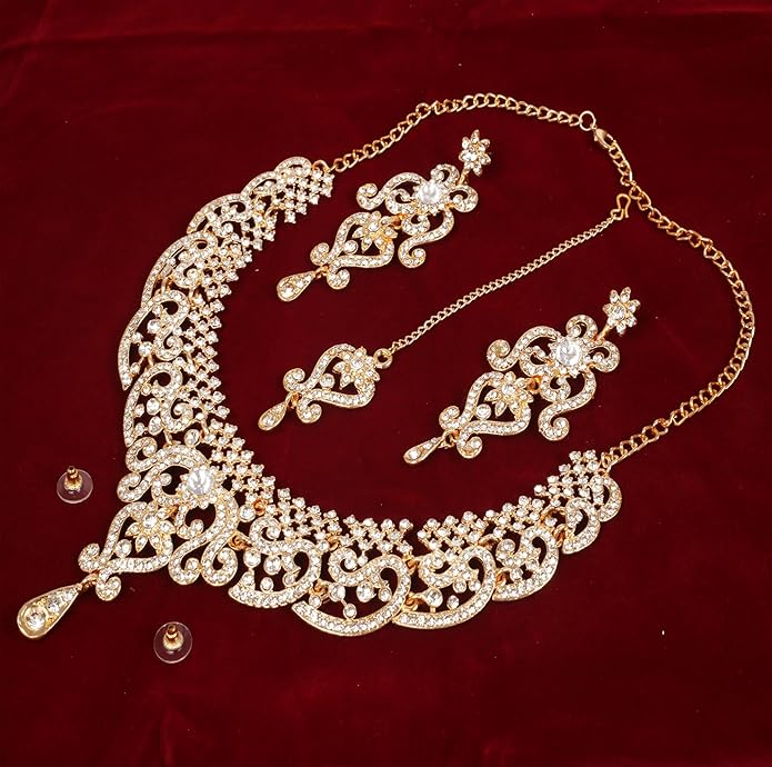 Touchstone Indian jewelry set for women bollywood gold jewellery wedding outfits necklace sets earrings bridal maang tikka fancy costume girls big desi accessories rhinestone in gold or silver tone