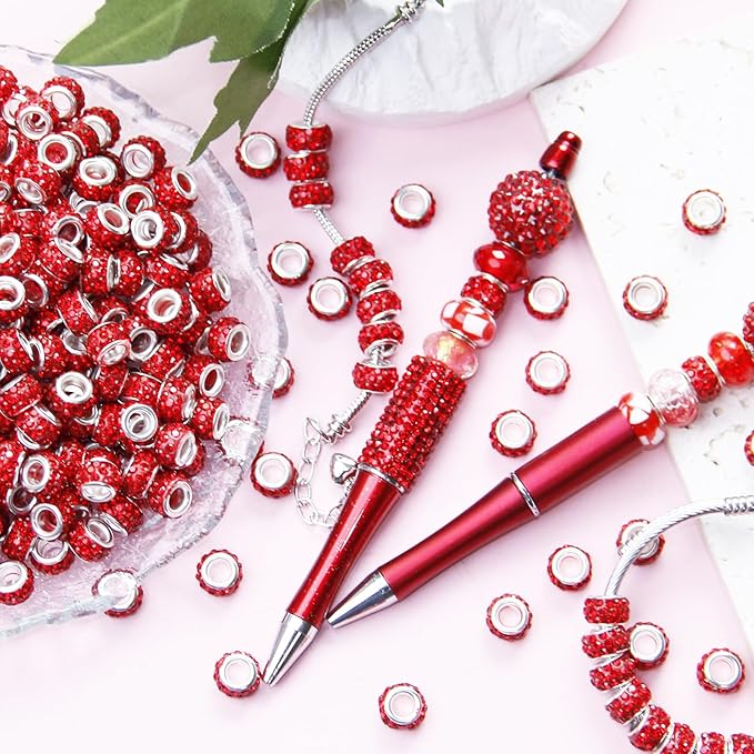 200Pcs Rhinestone Large Hole Beads Spacer Beads Red European Craft Big Beads Large Hole Rhinestones Lampwork Murano Bead Fairy Wand Garden Beads for DIY Bracelet Necklace Jewelry Making Supplies