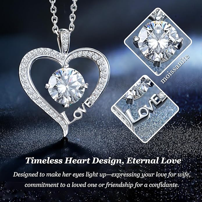 Moissanite Heart Necklaces for Women, 1-3 Carat Moissanite 925 Sterling Silver Love Jewelry, Valentines Day Birthday Wedding Anniversary Engagements Gifts for Women Wife Girlfriend Mom Her