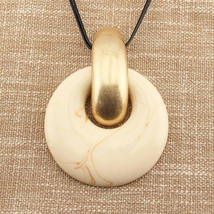 GelConnie Leather Necklace for Women Large Pendant Long Brown Necklace Circle Leather Choker Vintage Sweater Necklace Gold Chunky Boho Necklaces for Women