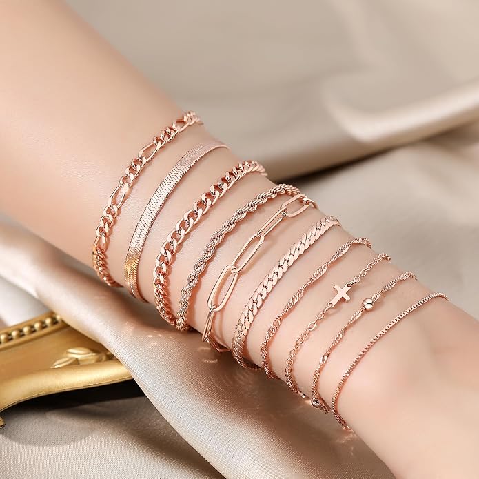 XIANNVXI 10pcs Rose Gold/Gold/Silver Bracelets Stack for Women Dainty Thin Rose Gold Bracelets Set Silver Chain Bracelet Paper Clip Stackable Figaro Herringbone Paperclip Bracelet Pack for Womens