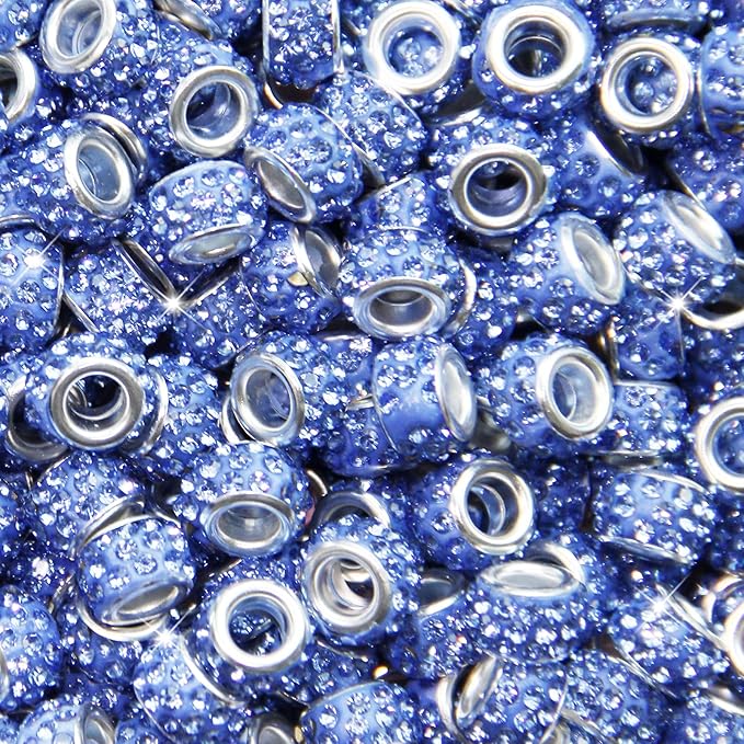 60Pcs Rhinestone Large Hole Beads Spacer Beads Light Blue European Craft Big Beads Large Hole Rhinestones Lampwork Murano Bead Fairy Wand Garden Beads for DIY Bracelet Necklace Jewelry Making Supplies
