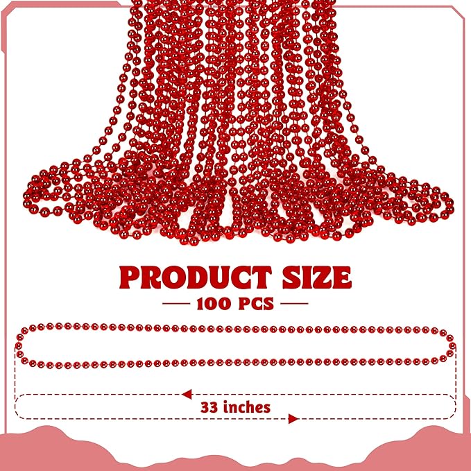 100 PCS Christmas Beads Bulk, 33" Valentines Day Beads Necklaces, Mardi Gras Beads Necklaces Bulk, Red Round Beads For Parade Throw Carnival Accessories Party Supplies Favors