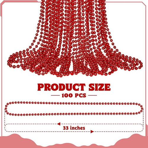 100 PCS Christmas Beads Bulk, 33" Valentines Day Beads Necklaces, Mardi Gras Beads Necklaces Bulk, Red Round Beads For Parade Throw Carnival Accessories Party Supplies Favors