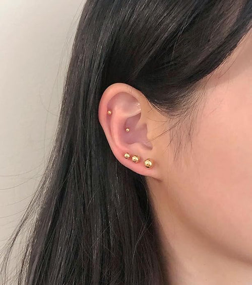 14K Gold Filled Polished Small CZ Pearl Ball Stud Earrings Set for Women Men 20G Surgical Steel Hypoallergenic Piercing Studs for Sensitive Ear, Pack of 6 Pairs