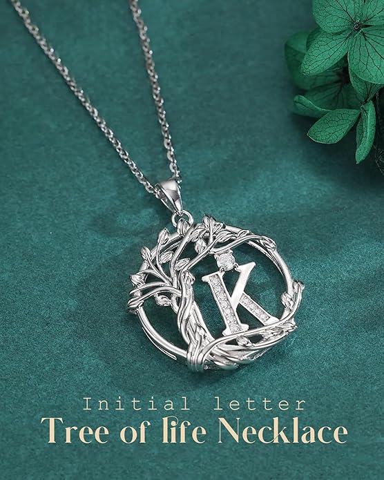 FANCIME Tree of life Initial necklaces for women, Sterling Silver Tree Jewelry Simulated Diamond Letter Pendant Cubic Zirconia CZ Personalized Birthday Mothers Day Gifts for Mom Wife Her