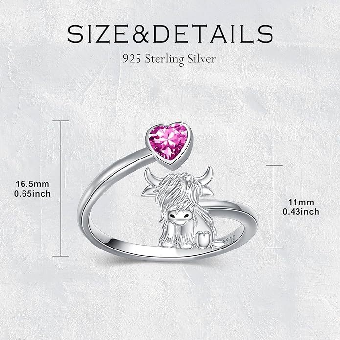 Highland Cow Ring 925 Sterling Silver Adjustable Ring Birthstone Ring Engraved Name Highland Cow Gifts Jewelry for Women