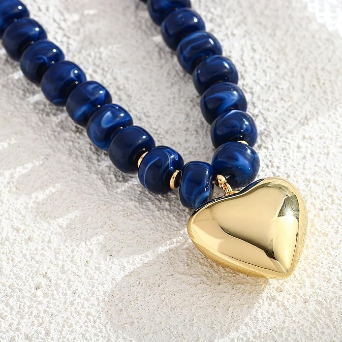WOWORAMA Chunky Heart Necklaces for Women Colorful Resin Beaded Choker Necklace Gold Puffy Heart Statement Necklace Trendy Acrylic Choker Jewelry