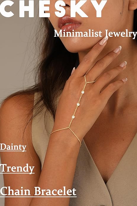 CHESKY 14K Gold Plated Hand Chain Bracelets for Women Set - Dainty Finger Ring Bracelet Stack Adjustable Hand Chains Durable Beaded Bracelets Trendy Simple Body Jewelry Gift for Women