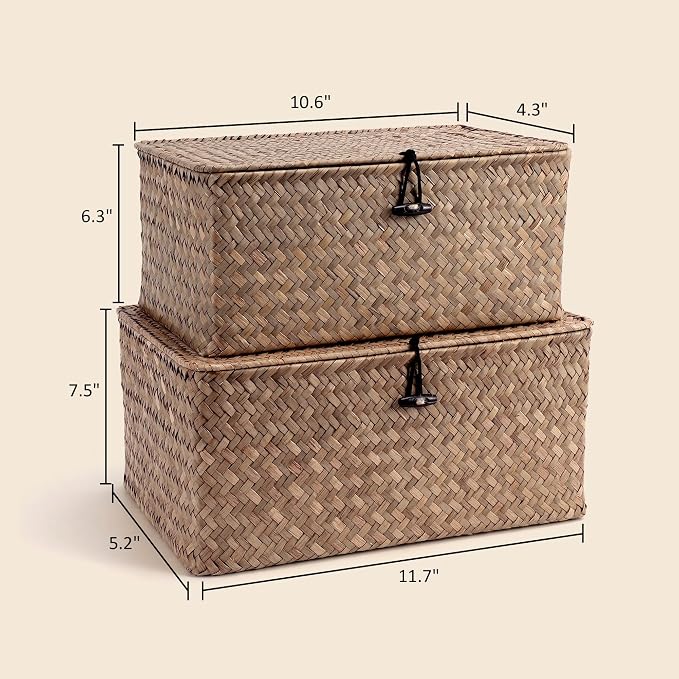 Nonam Storage Basket with Lid, Natural Seagrass Bin with Lid Set of 2, Shelf - Image 2