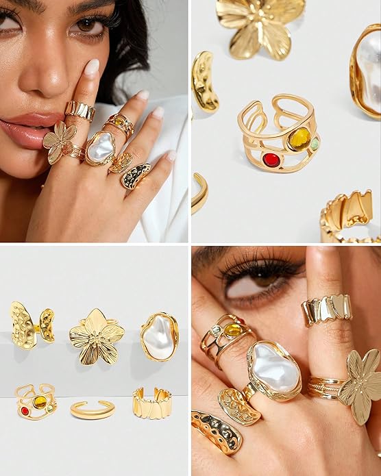 YEEZII 20 Pcs Gold Ring Set for Women, Chunky Statement Flower Finger Midi Rings, Big Boho Stacking Rings Pack Trendy Stuff Jewelry Gift