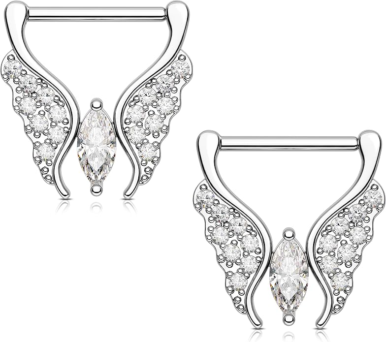 Melighting Butterfly Nipple Rings 14G Nipple Piercing 316L Stainless Steel Nipple Clicker Nipple Jewelry Clear CZ Nipple Piercing Jewelry For Women 14 mm