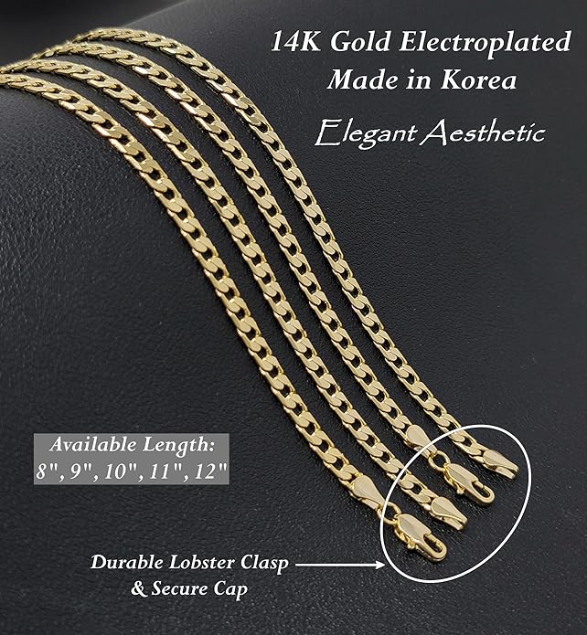 Gold Electroplated Anklet for Women, 9-12 Inch Sizes, Figaro, Cuban, Mariner, Herringbone Design - Made in Korea