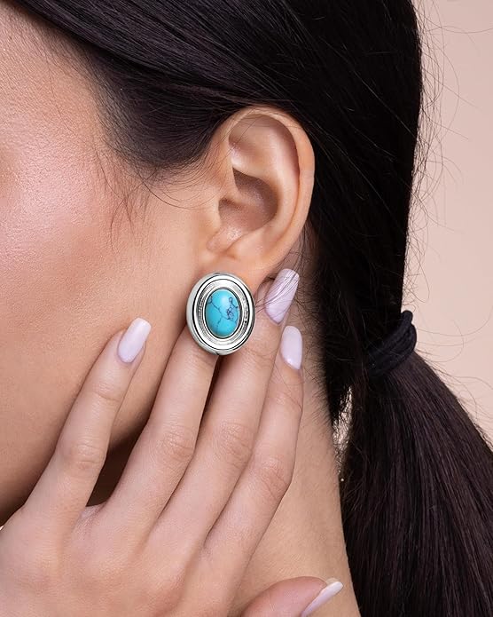 18K gold plated Medium Oval Button Chunky Statement Earrings for Women by SNGIA, (Turquoise, Carnelian, Aventurine, Amethyst, Malachite, Cat Eye, White, Cream) Bold Handmade Colored (Red, Blue, Green, White, Cream, Purple) Exaggerated Dome Retro Rounde...