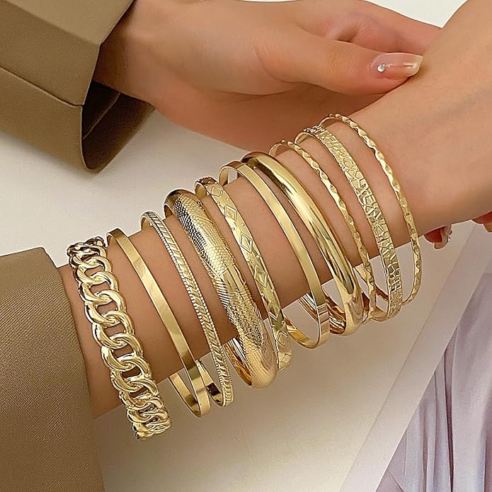16Pcs Gold Bangle Bracelets for Women - Multi Layer Stackable Textured Bracelets Boho Jewelrys Set.