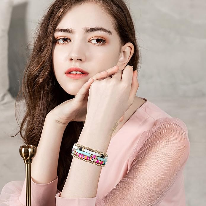 GOOJIDS Surfer Heishi Clay Bead Bracelets for Women Bohemian Stackable Gold Plated Beaded Stretch Bracelets Elastic Layering Friendship Bracelets Set Boho Jewelry