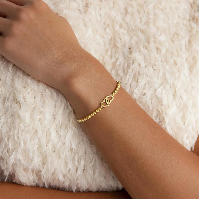 Gold Bracelets for Women, Cute 14K Gold/Silver Plated Stretch Beaded Bracelets for Women Trendy Stackable Charm Bracelet Dainty Adjustable Waterproof Non Tarnish Jewelry Gifts for Her