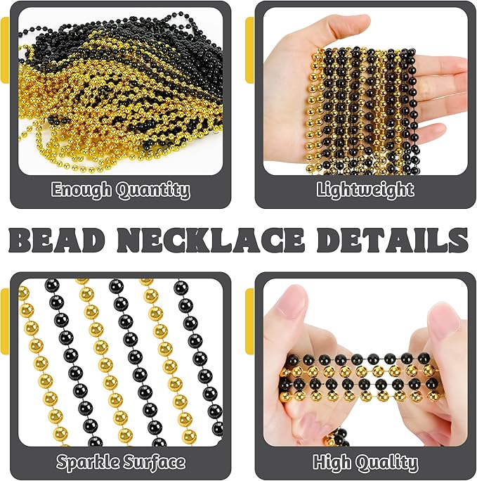 100 PCS New Years Beads Bulk, 33" Mardi Gras Beads Necklaces, Congrats Grad Beads Necklaces, Blackgold Parade Throw Supplies Graduations Party Beads Party Accessories Set Favors