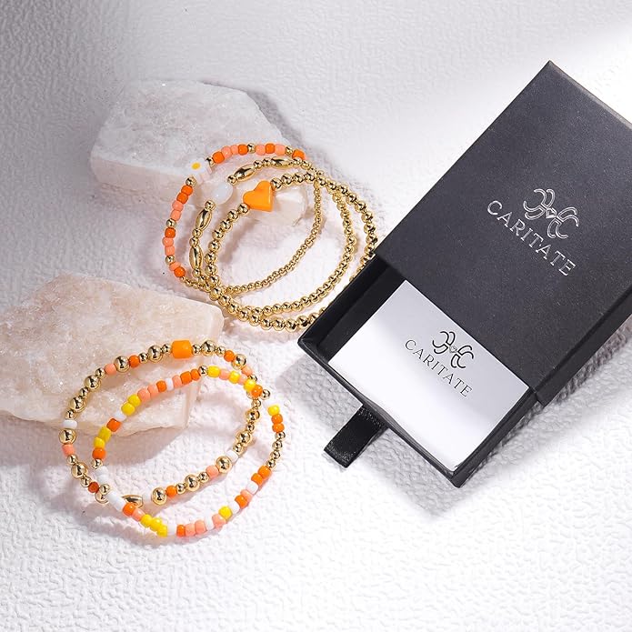 Gold Bracelets for Women Waterproof, 14K Gold Plated Beaded Cross Bracelets Set,Boho Stretch Bracelets Stackable Jewelry for Women Teenage Girls Jewelry Christmas Gifts