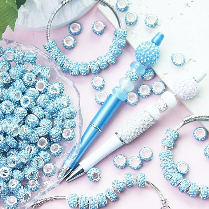 150Pcs Rhinestone Large Hole Beads Spacer Beads Sky Blue European Craft Big Beads Large Hole Rhinestones Lampwork Murano Bead Fairy Wand Garden Beads for DIY Bracelet Necklace Jewelry Making Supplies