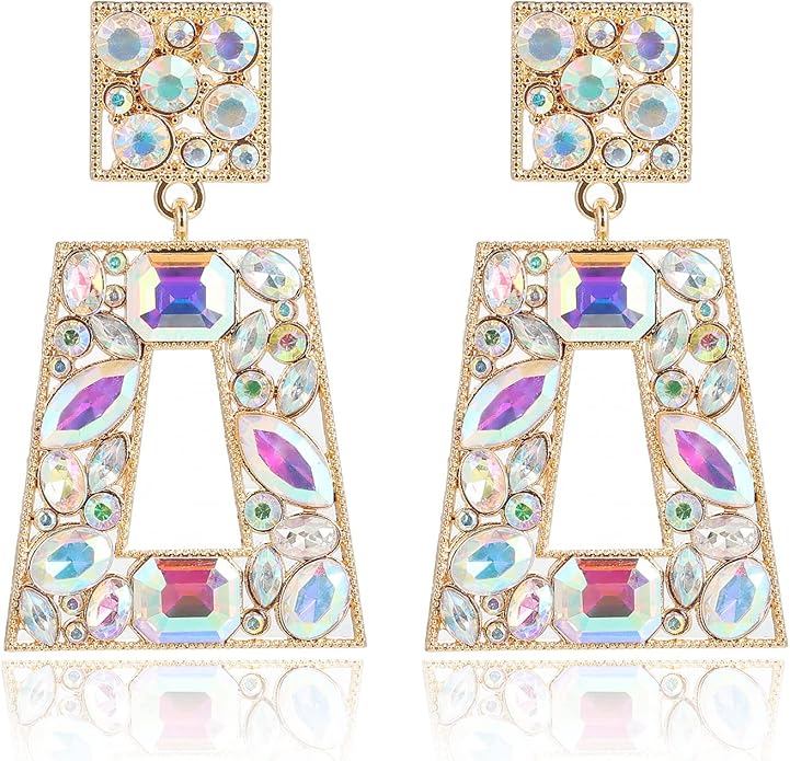 Rhinestone Rectangle Statement Earrings Colorful Crystal Geometric Drop Dangle Earrings for Women Prom Party