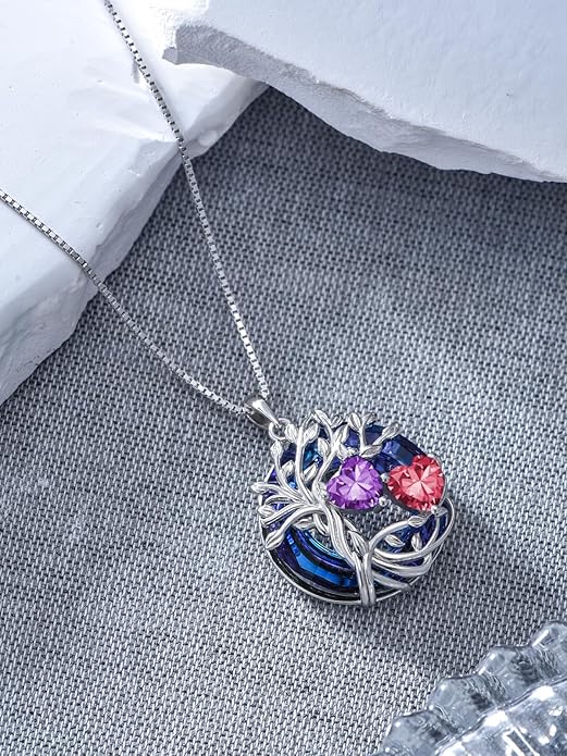 TOUPOP s925 Sterling Silver Family Celtic Tree of Life Pendant Necklaces with 2 Heart Birthstone with Blue Austrian Crystal Jewelry Birthday Valentines Day Gifts for Her, Anniversary Christmas Gifts for Wife Girlfriend Mom (18K Real White Gold Filled)