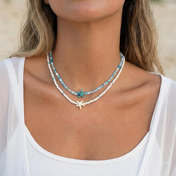 Women's Shell Starfish Boho Layered Beaded Necklace Choker for Summer Beach Vacation Gifts for Birthday/Anniversary/Christmas