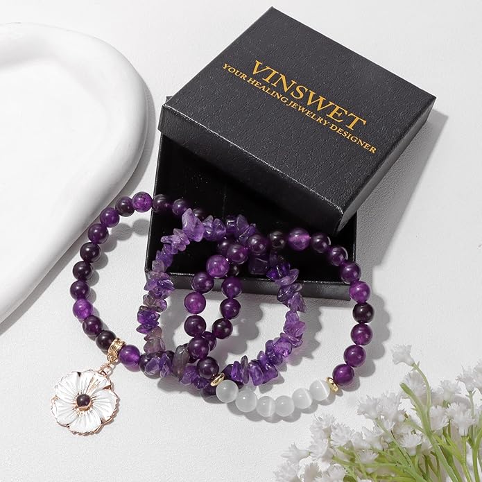 Healing Crystal Beaded Bracelets for Women,Natural Amethyst Gemstones Bracelet,Anxiety Stress Relief Heart Charm Bracelet Handmade purple Jewelry Gifts for Women