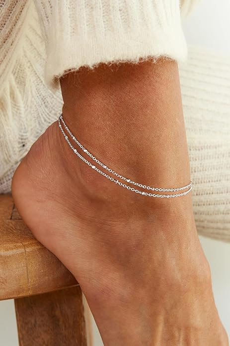 Ankle Bracelets for Women, Glitter Waterproof Adjustable Anklet for Women, 14K Gold Plated/Sterling Silver Layered Anklets, Summer Beach Anklet Jewelry for Women Gift